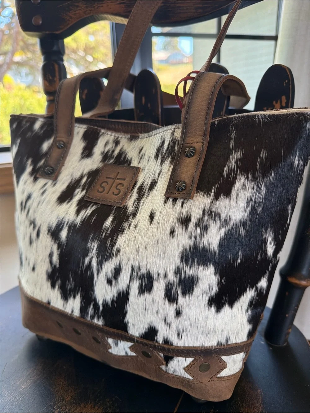 STS Ranchwear Black, White & Brown Cowhide Tote with Leather Trim
